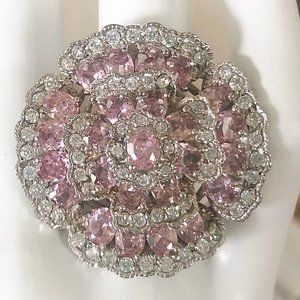 Large Pink and Clear Rhinestone Ring, Flower Petal Shaped